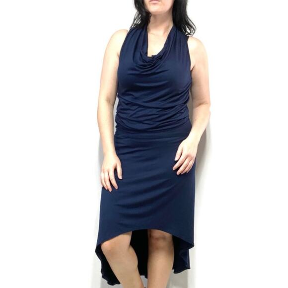 Trina Turk Navy Blue Drop Waist Cowl Neck Dress Size Small - Picture 2 of 6